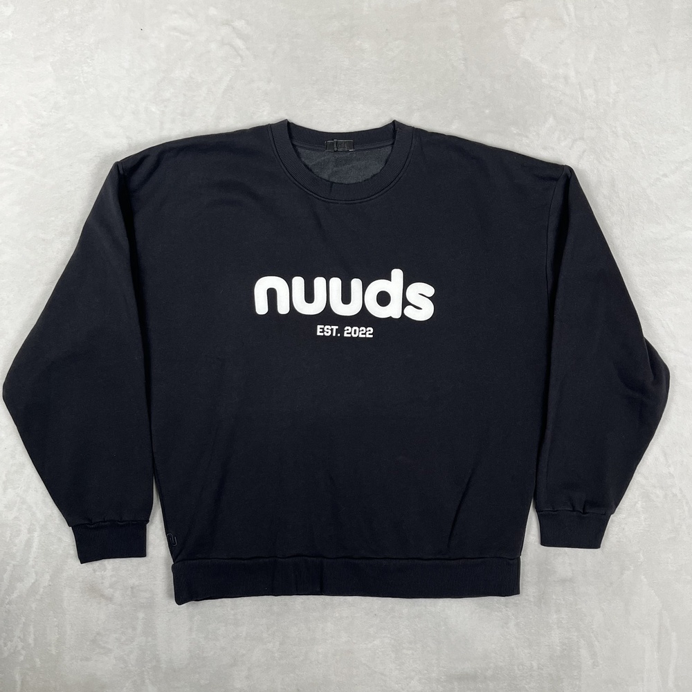 Nuuds Sweatshirt Womens Large OS Black Fleece Crewneck Pullover Graphic EST 2022